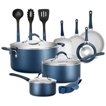 NutriChef 17 Pcs. Modern Kitchen Cookware Design- Non-Stick Cookware Set  (Blue)